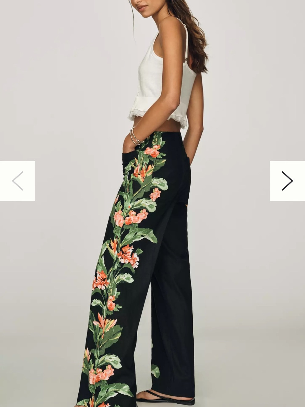 Maeve Black linen Wide-Leg Pants with Coral & Green Floral Side Print
